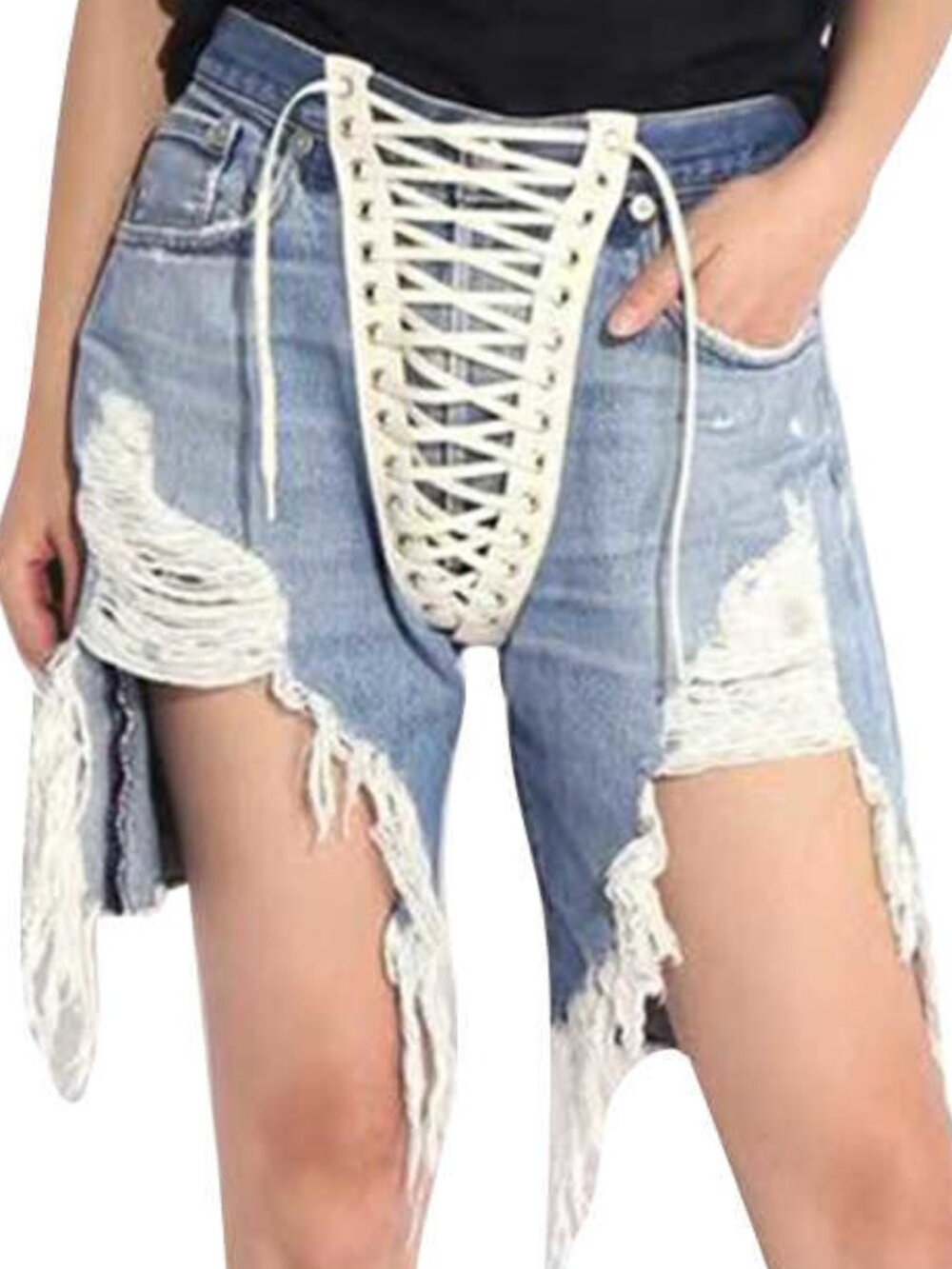 Distressed Shoelace Denim Shorts - Picture 2 of 5